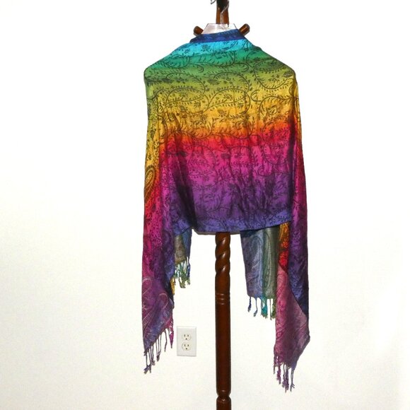 pashmina Accessories - Colorful Pashmina Fringed Shawl Scarf Wrap Rainbow Colors Reversible